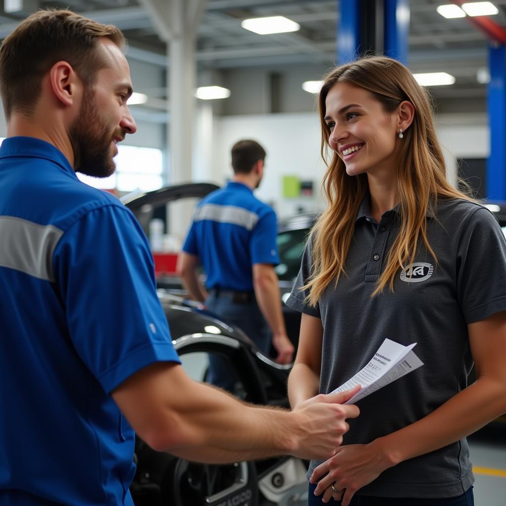 Car Owner Discussing Oil Change with ASE Certified Mechanic