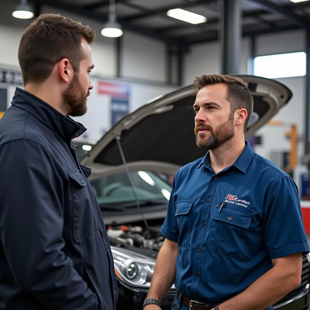 Car Owner Talking to an ASE Certified Mechanic