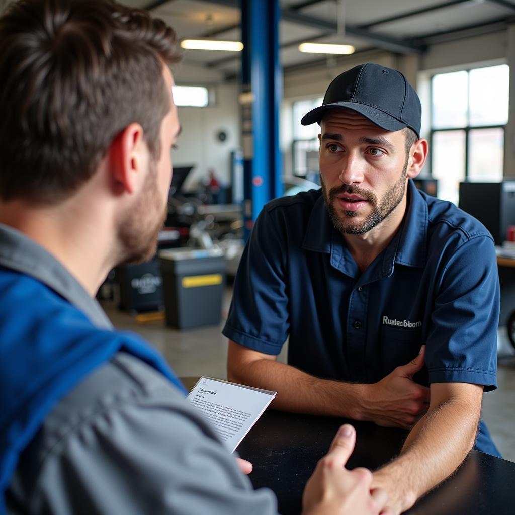 Car Owner Talking to ASE Certified Mechanic