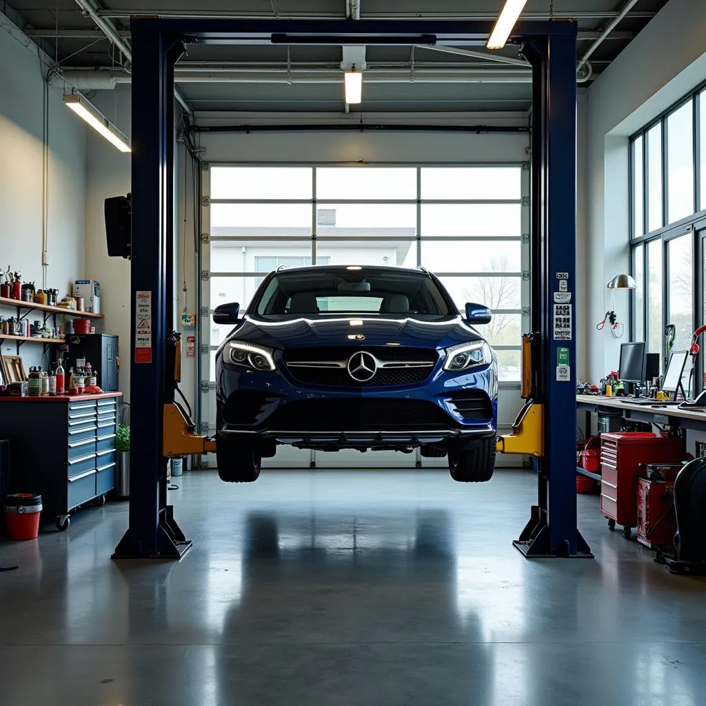 Car Raised on Hydraulic Lift in Repair Shop