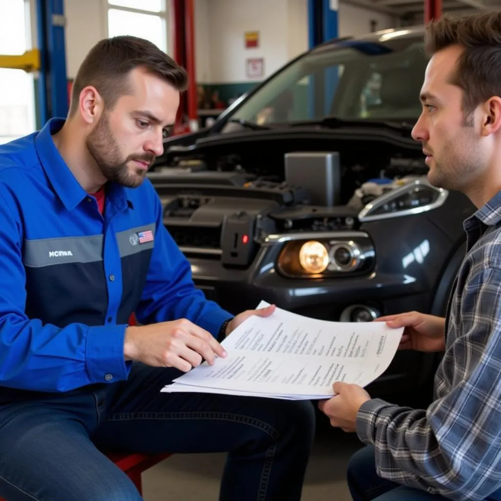 Car repair estimate being discussed by a mechanic and customer in Mt. Juliet