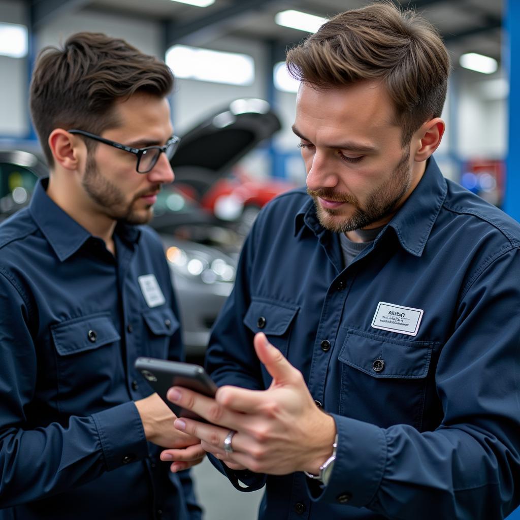  ASE Certified Mechanics working in a modern repair shop.