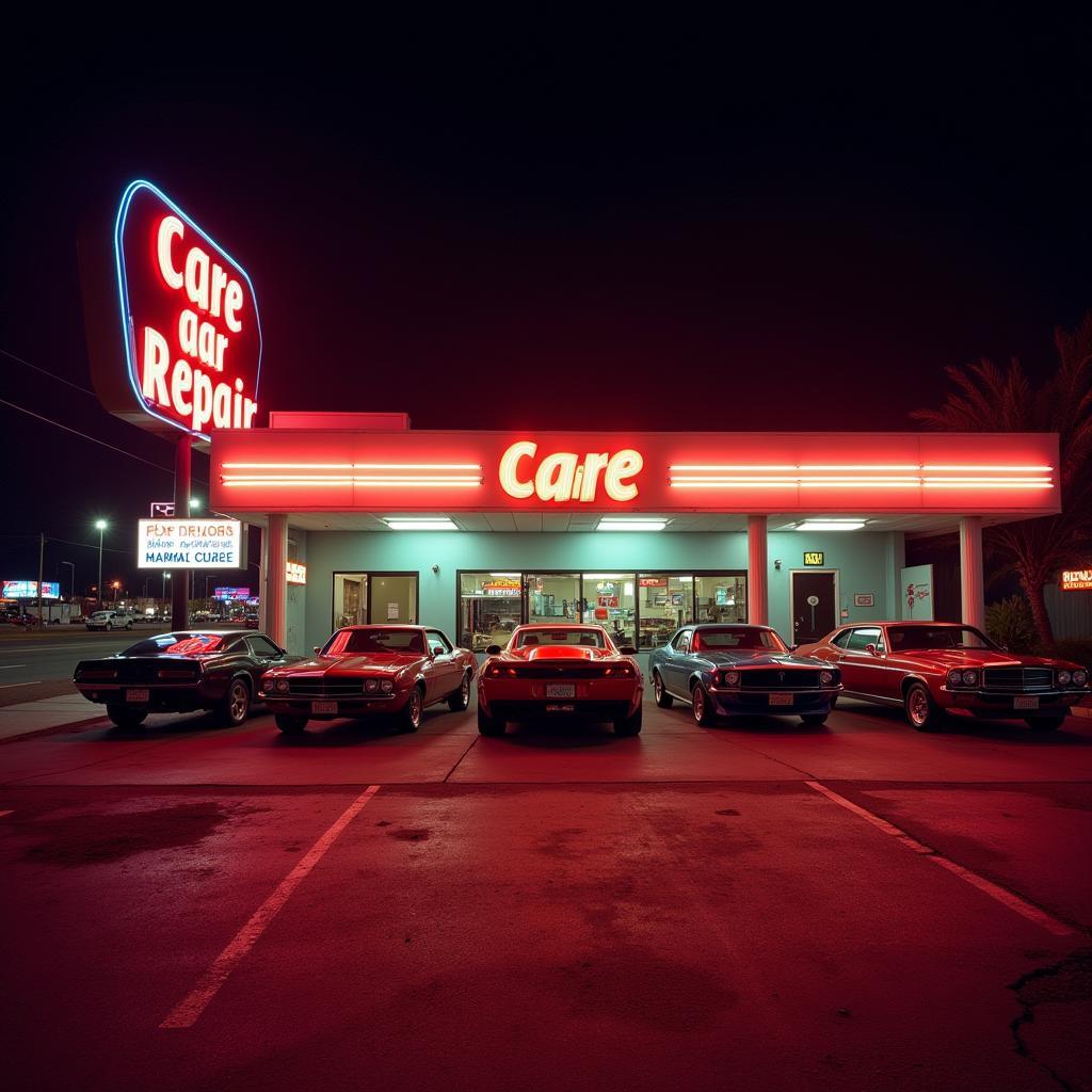 A car repair shop in Las Vegas with a bright neon sign and cars lined up outside.