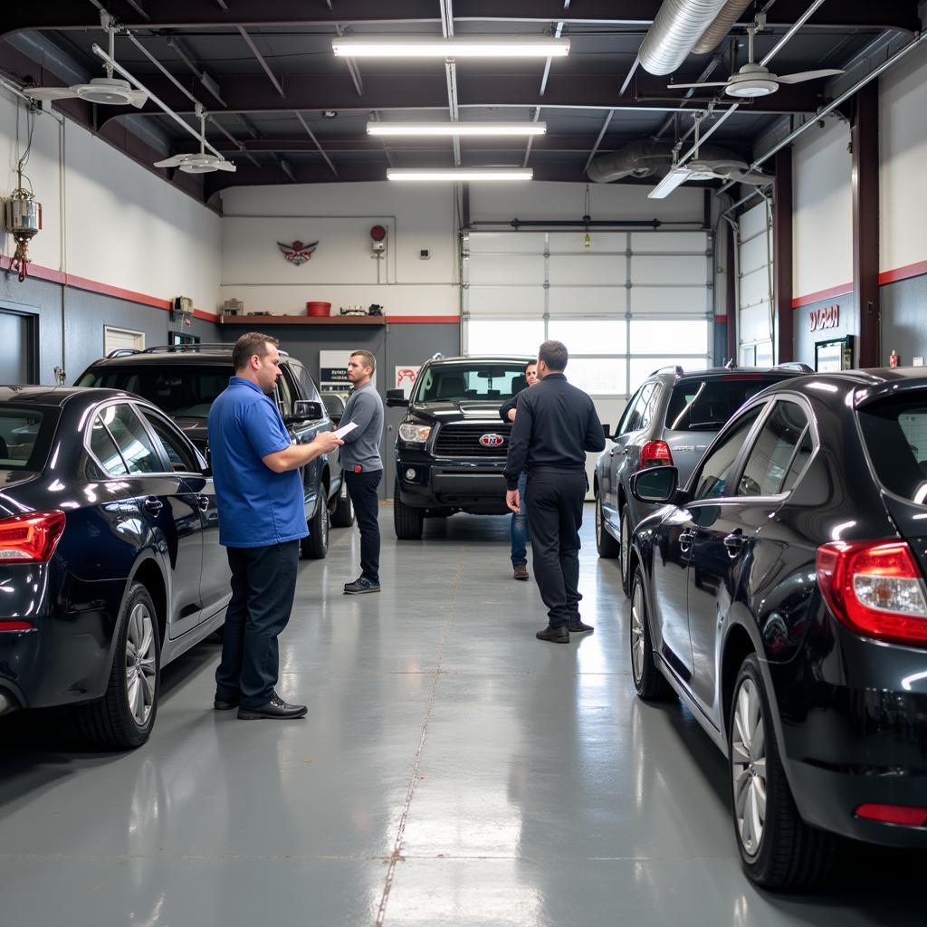 A bustling car repair shop in Van Buren, AR with mechanics working on various vehicles