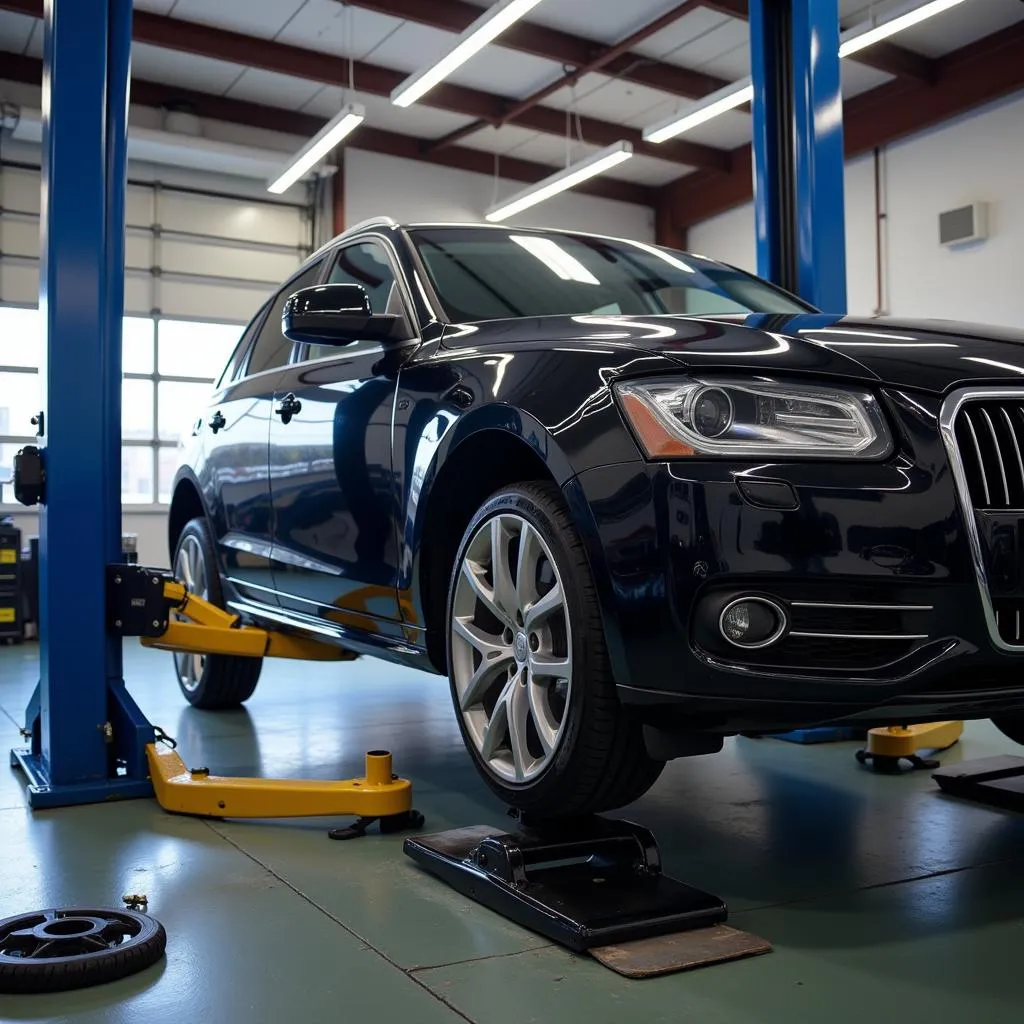 Car Undergoing Wheel Alignment in a Garage