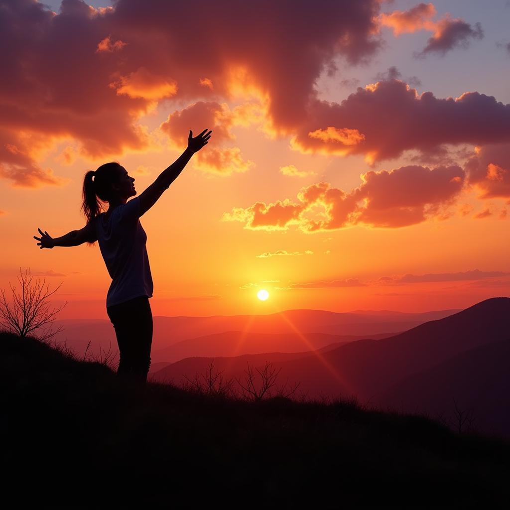 A person silhouetted against a sunset, reaching out towards the horizon with a determined expression.