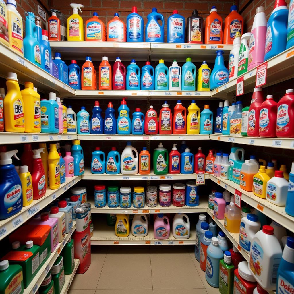 Cleaning supply store shelves stocked with products in Bogota