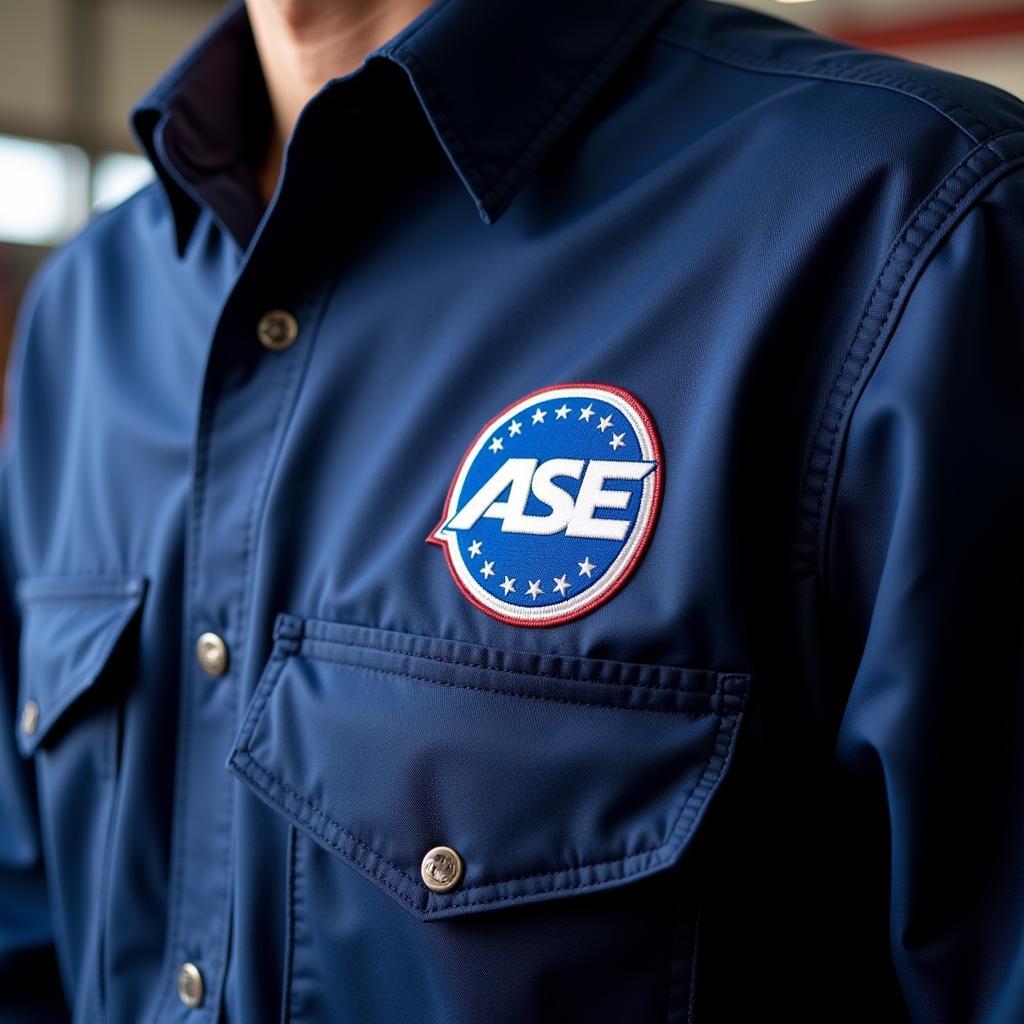 Close Up of ASE Certification Logo on Mechanic Uniform