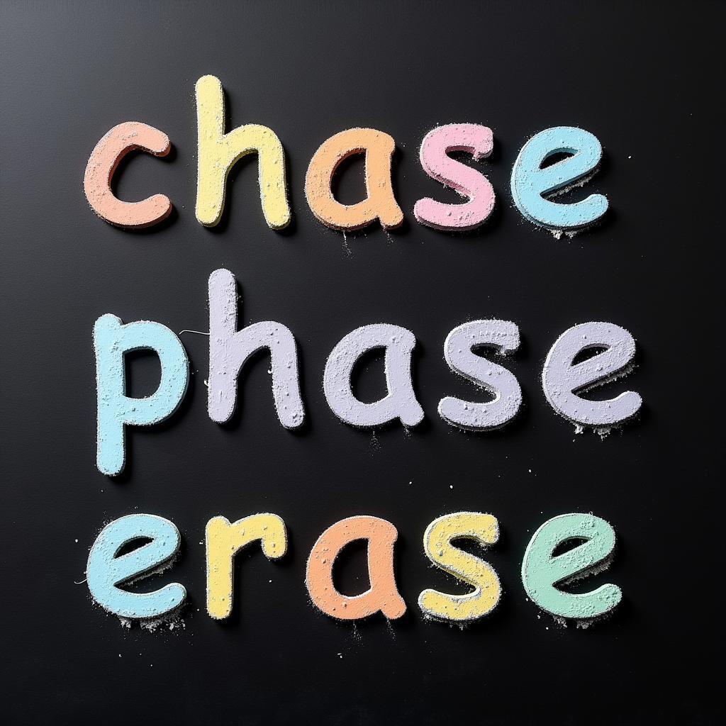 Words like chase, phase, and erase written in colorful chalk on a blackboard.