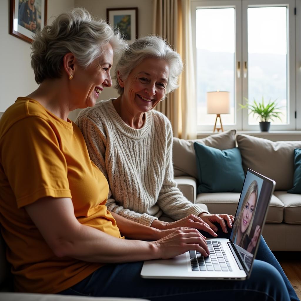 Two women smiling and looking at a laptop screen, seemingly connecting with distant relatives online