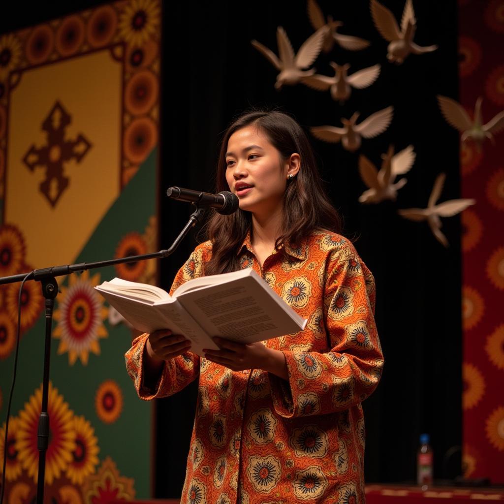 A contemporary Javanese poet performing their work for an audience.