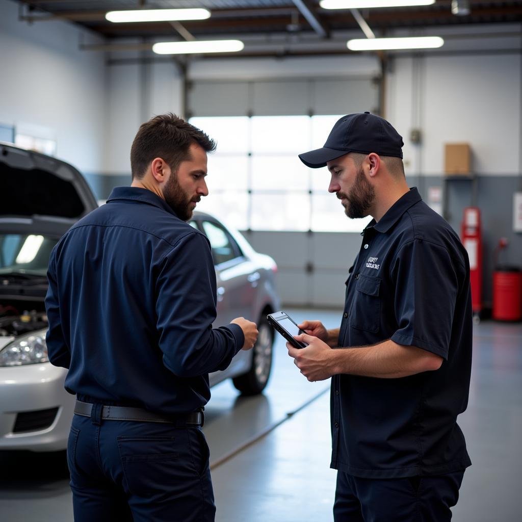 Customer Discussing Car Repair with Mechanic in WV ASE Shop