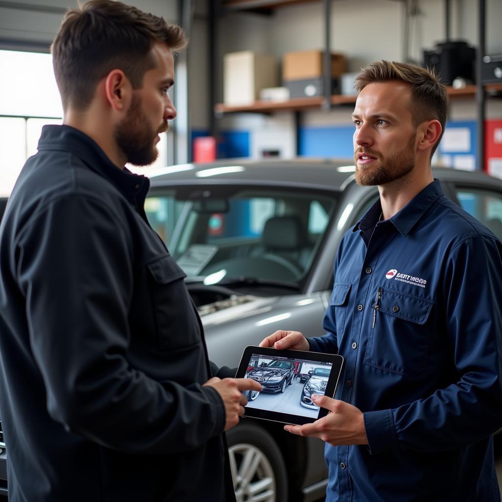 Customer Discussing Car Transmission Repair with Mechanic