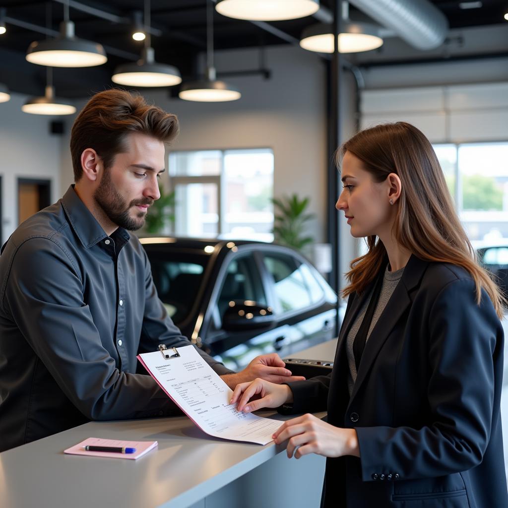 Customer reviewing an invoice with a service advisor at a modern auto shop counter