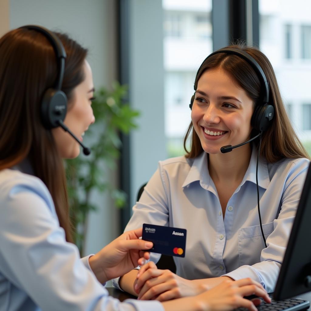 A customer service representative assisting a customer with a debit card query