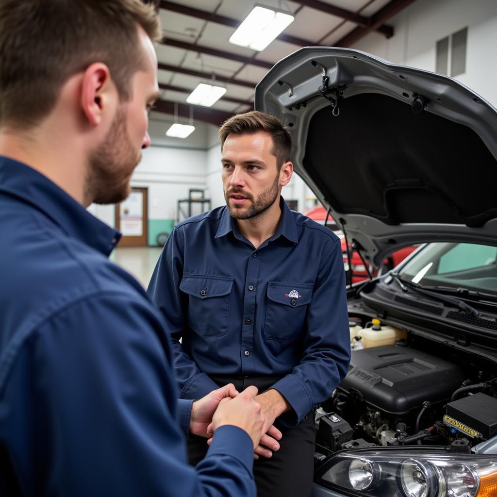 Customer Discussing Car Issues with ASE Certified Mechanic in Illinois