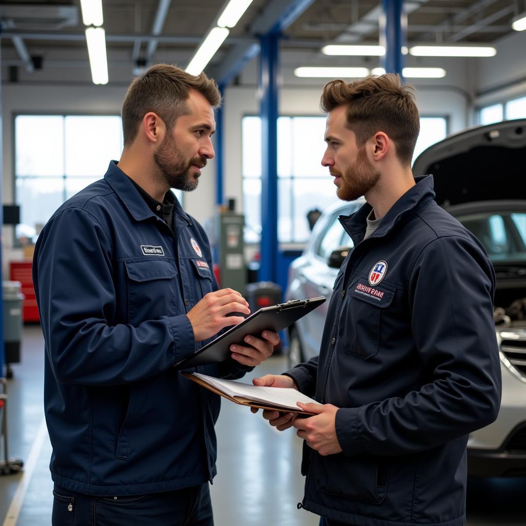 Customer and Mechanic Discussing Car Repair