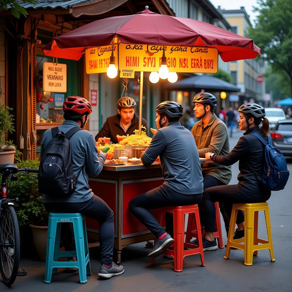 Cyclists Enjoying Street Food in Vietnam