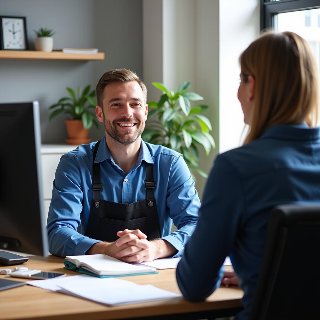 Danish Worker Discussing Insurance with Representative