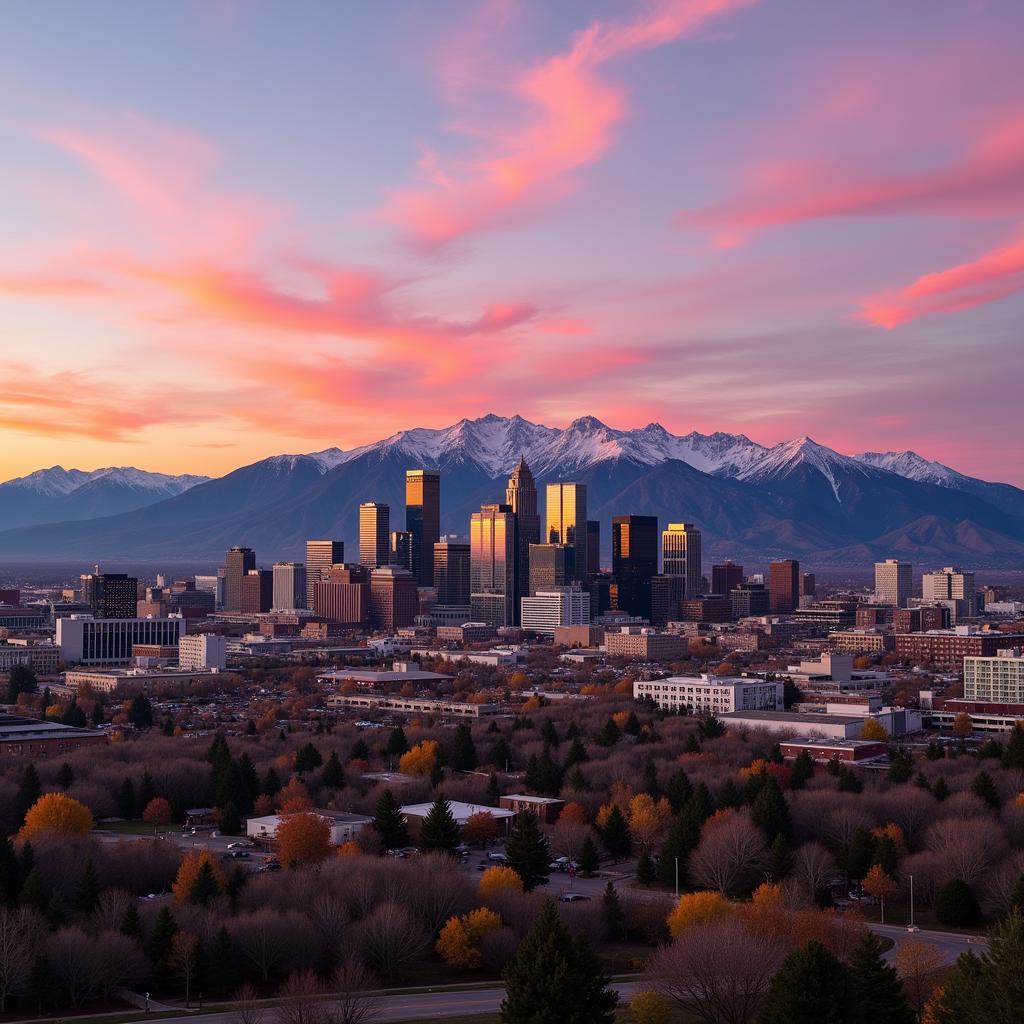 The Denver skyline with the Rocky Mountains in the distance.