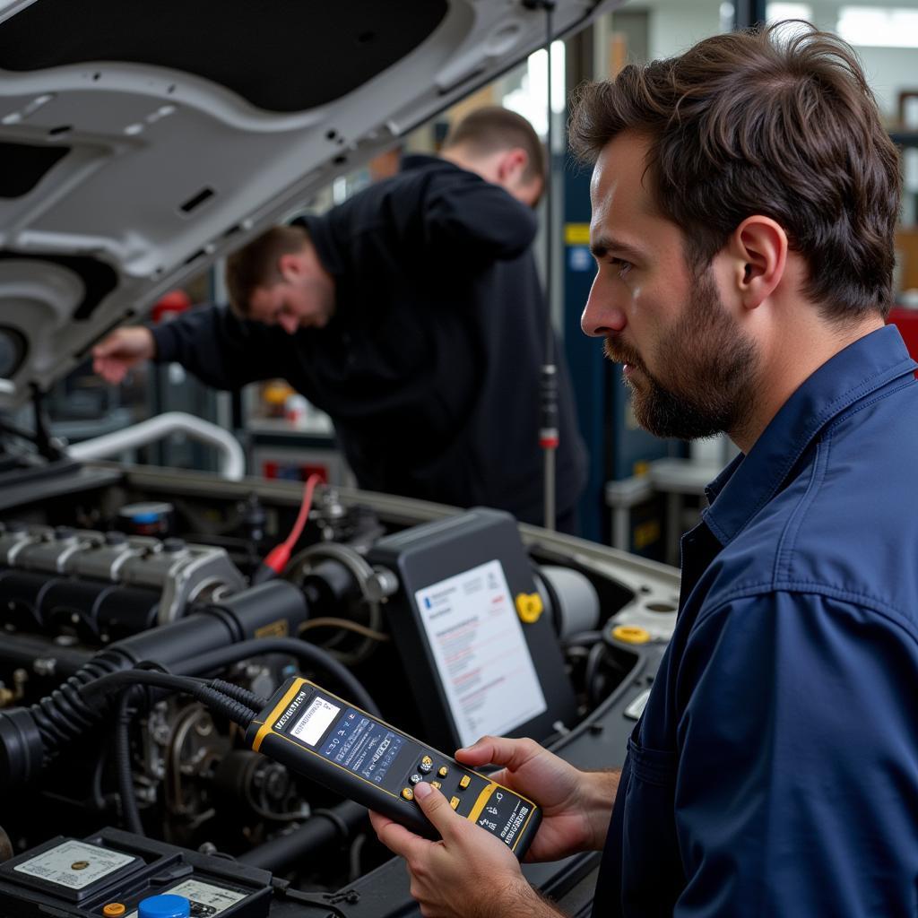 Diesel Mechanic Performing Engine Diagnostics