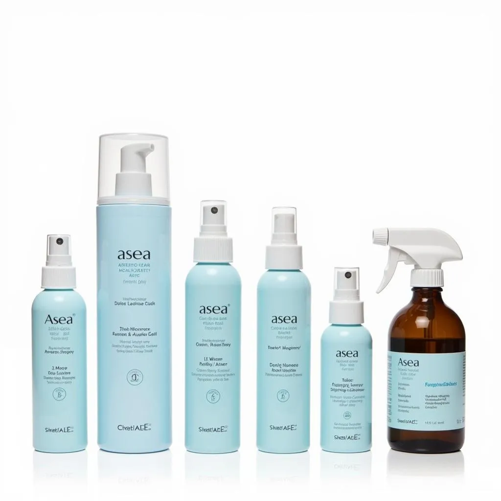 A variety of asea spray bottles in different sizes and designs.