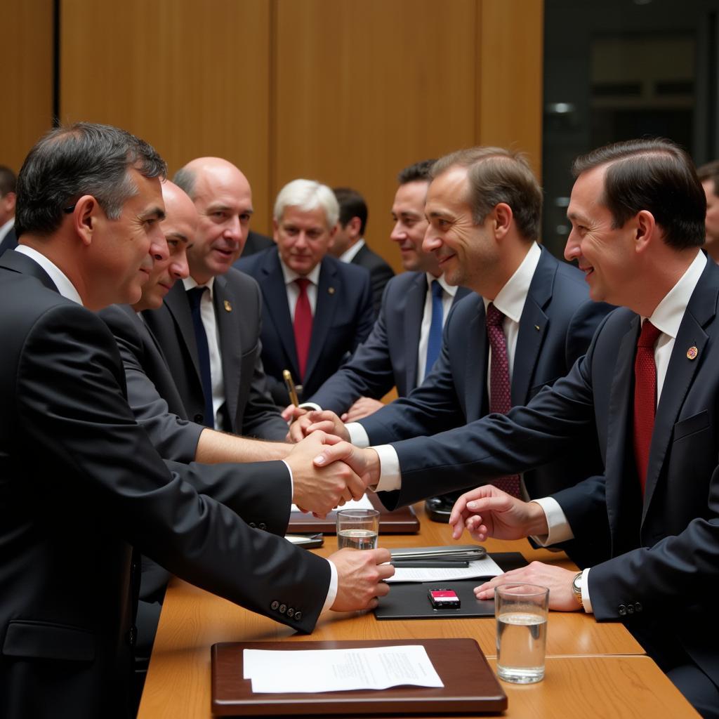 Diplomacy symbolized by delegates from different nations shaking hands at the United Nations