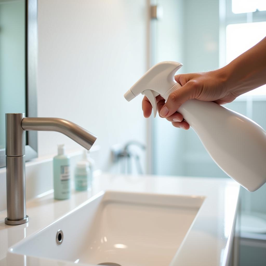 Disinfectant Spray Being Used in Bathroom Cleaning