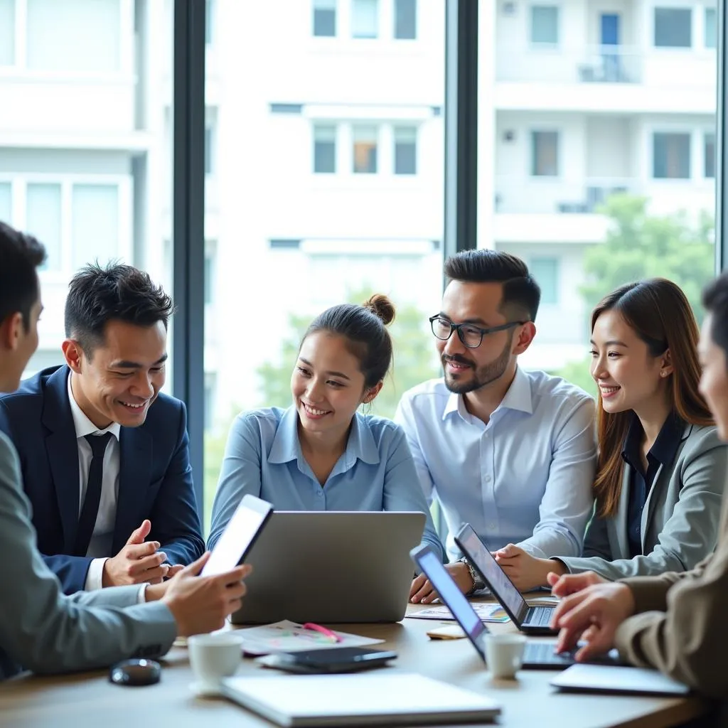 Group of diverse business professionals working together in a modern office setting