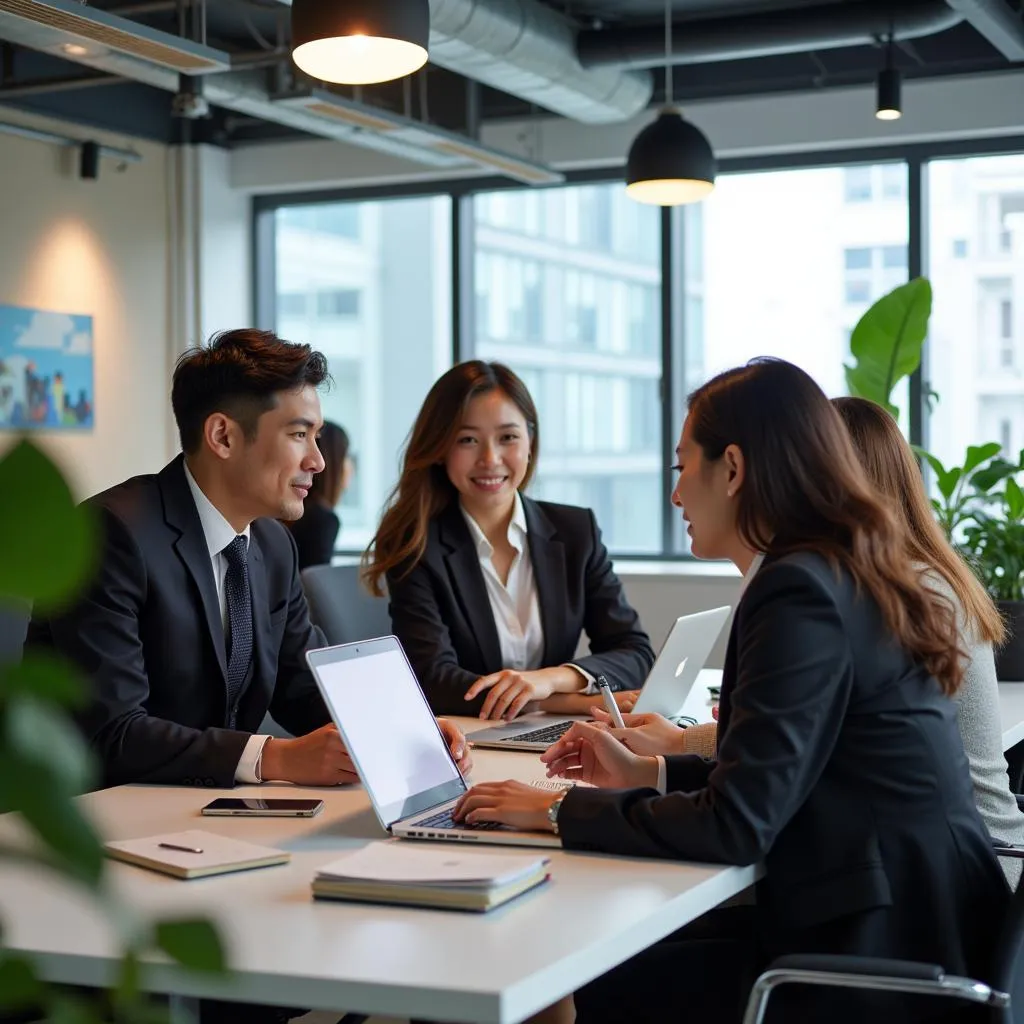 A diverse group of professionals collaborating in a modern Singapore office