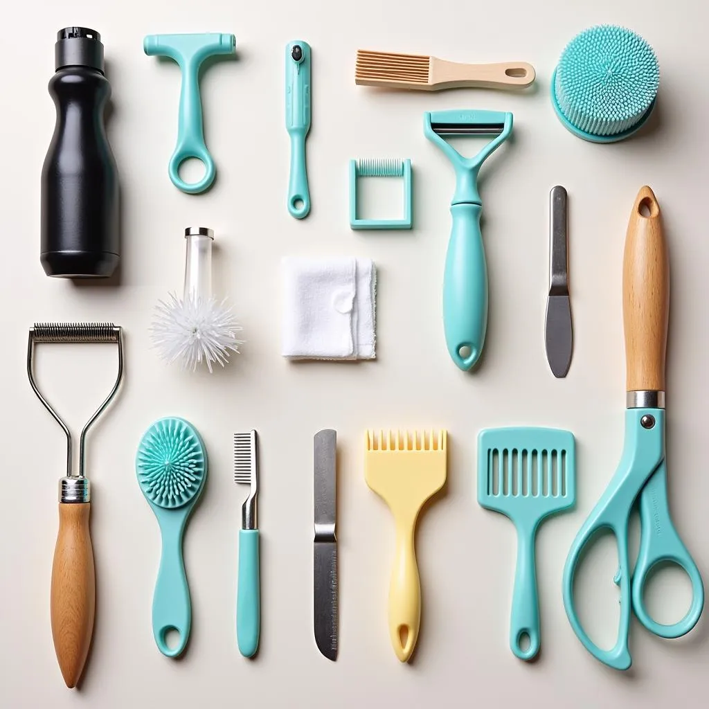 Dog grooming essentials laid out on a table.