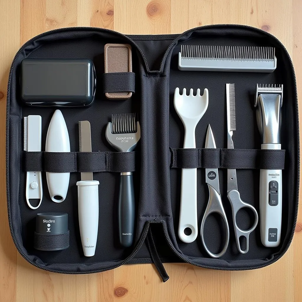 A comprehensive dog grooming kit containing various tools.