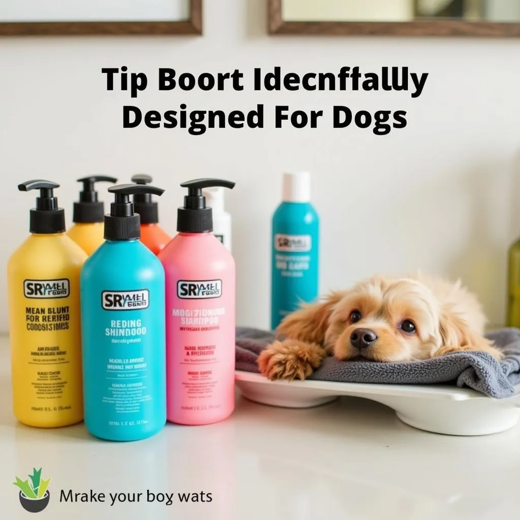 A collection of dog grooming supplies, including shampoo bottles.