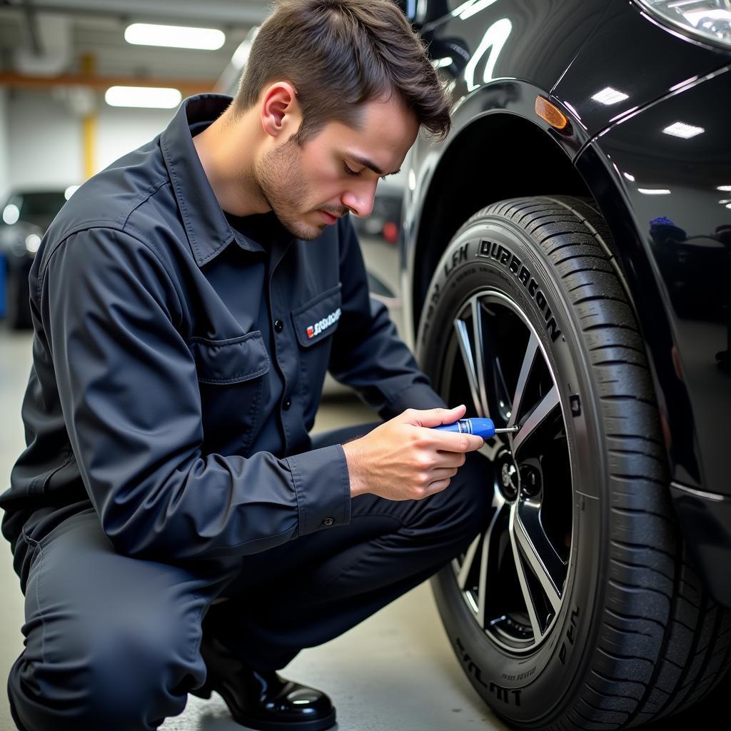 Dunlop tire technician working in a professional garage