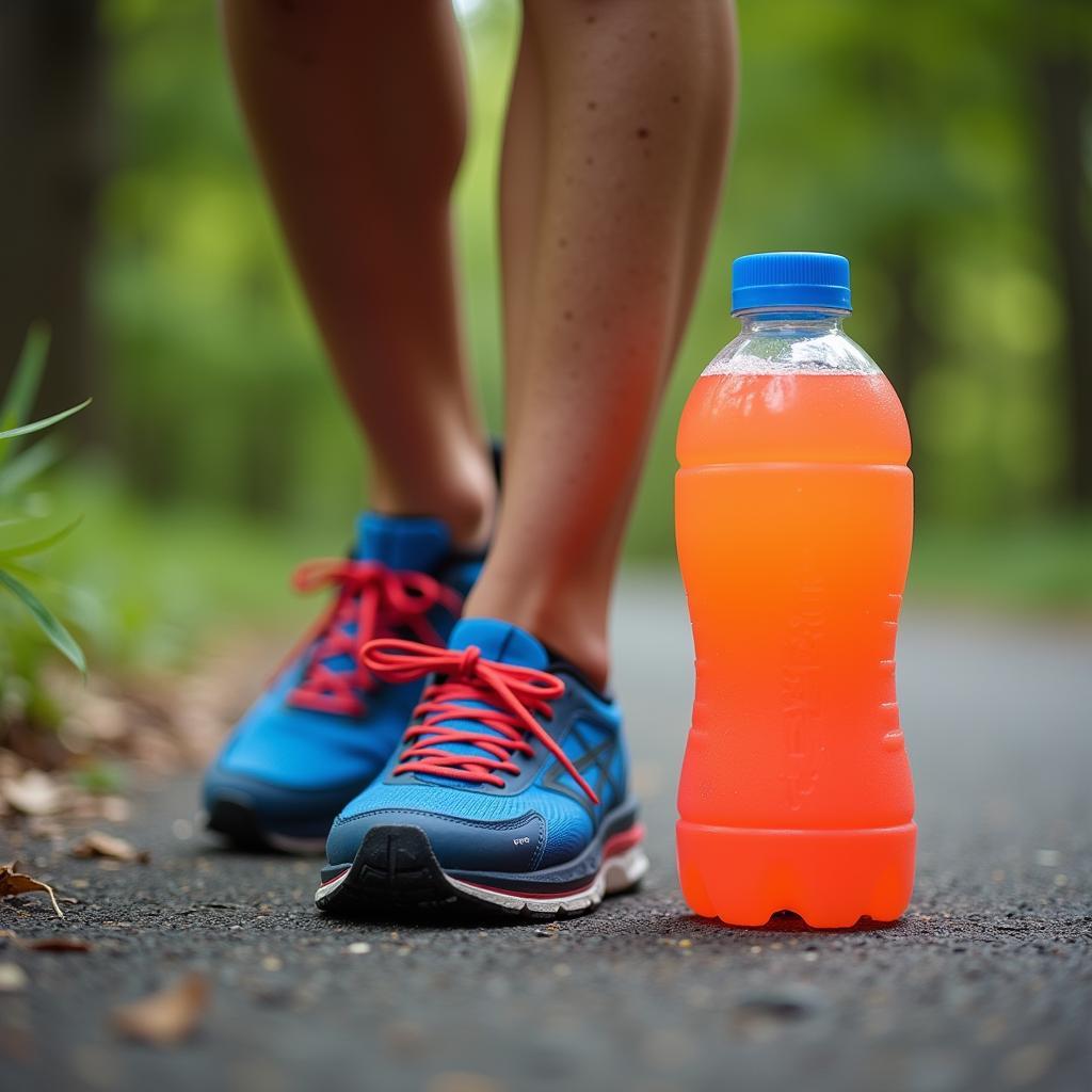 Sports drink next to a runner's feet