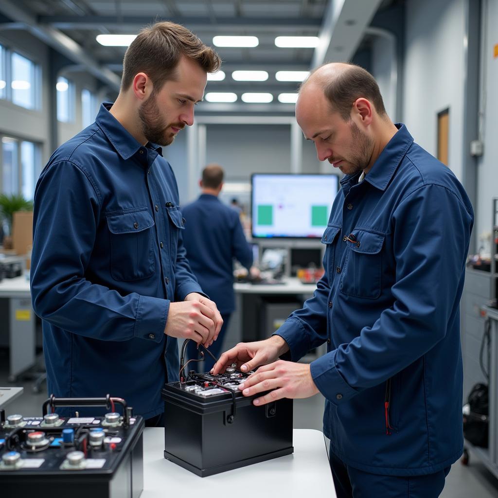 Engineers inspecting electric vehicle battery