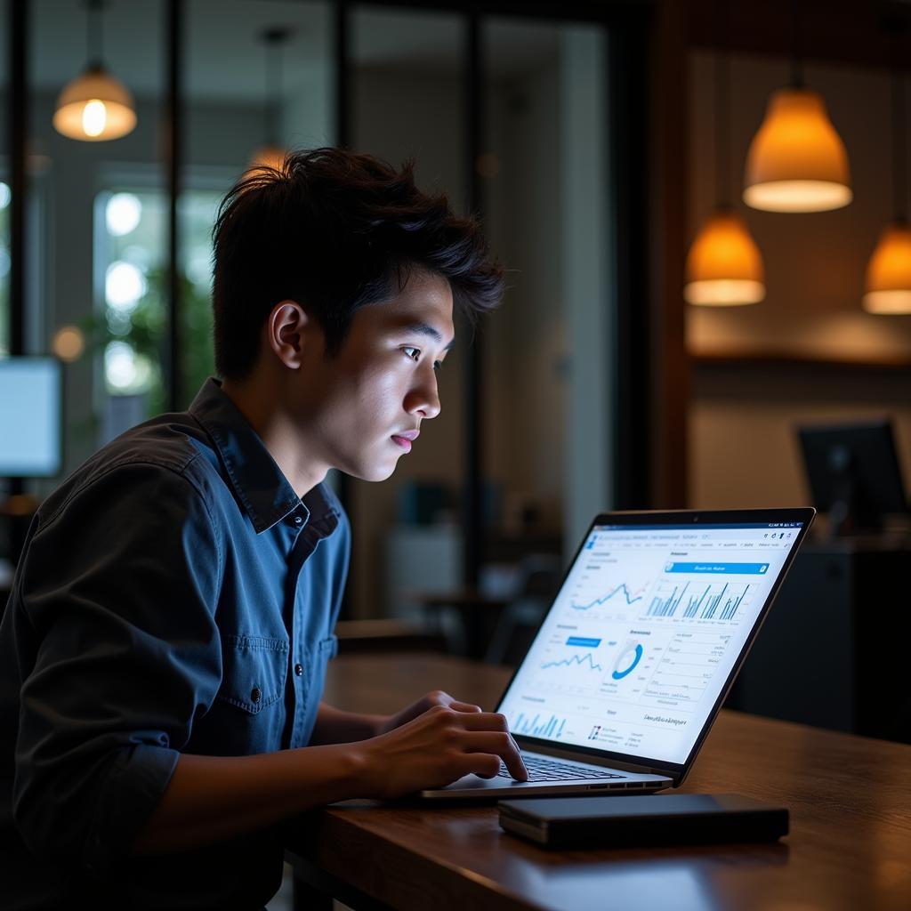 Entrepreneur analyzing market data on a laptop