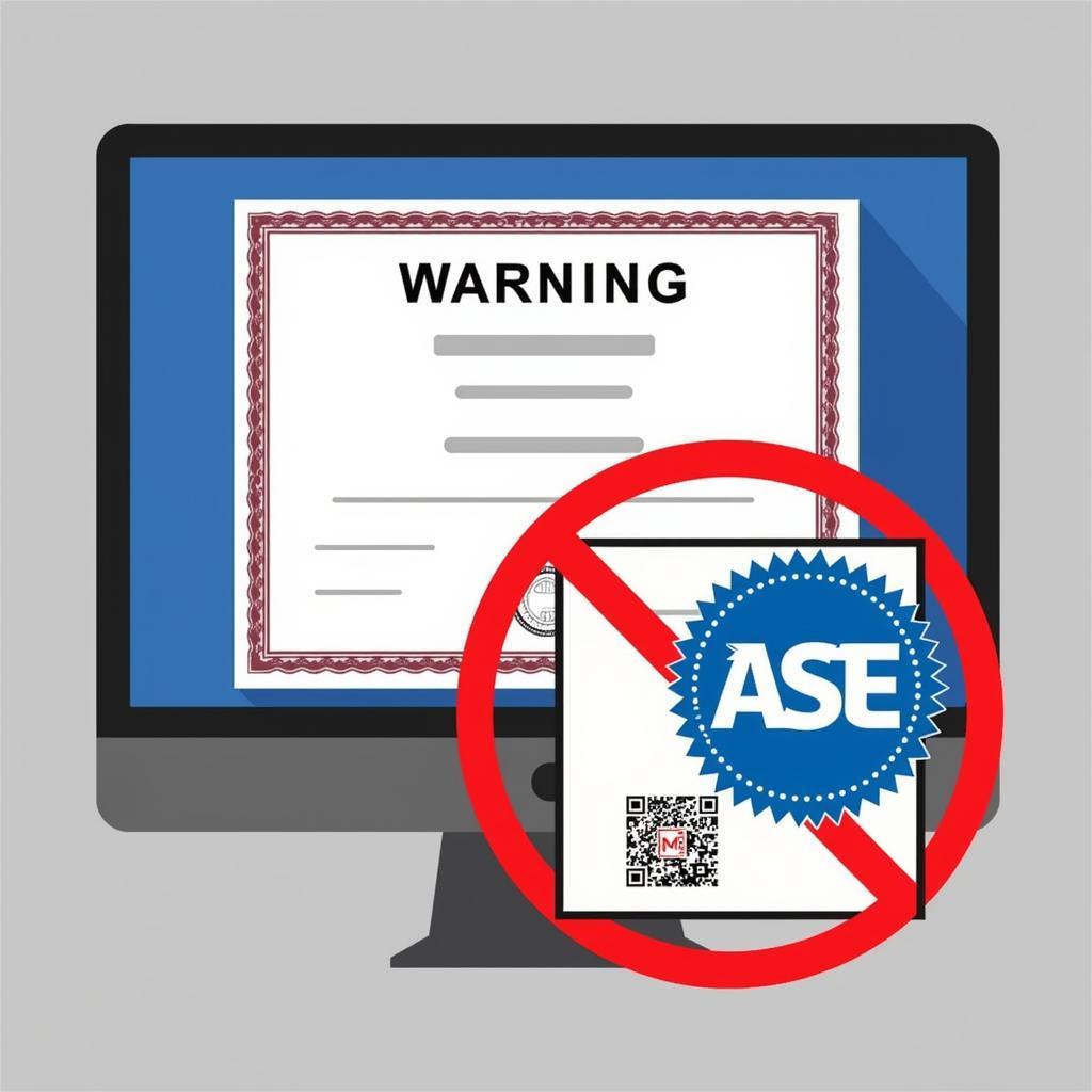 Fake ASE certificate displayed on a computer screen, with a warning sign overlayed.