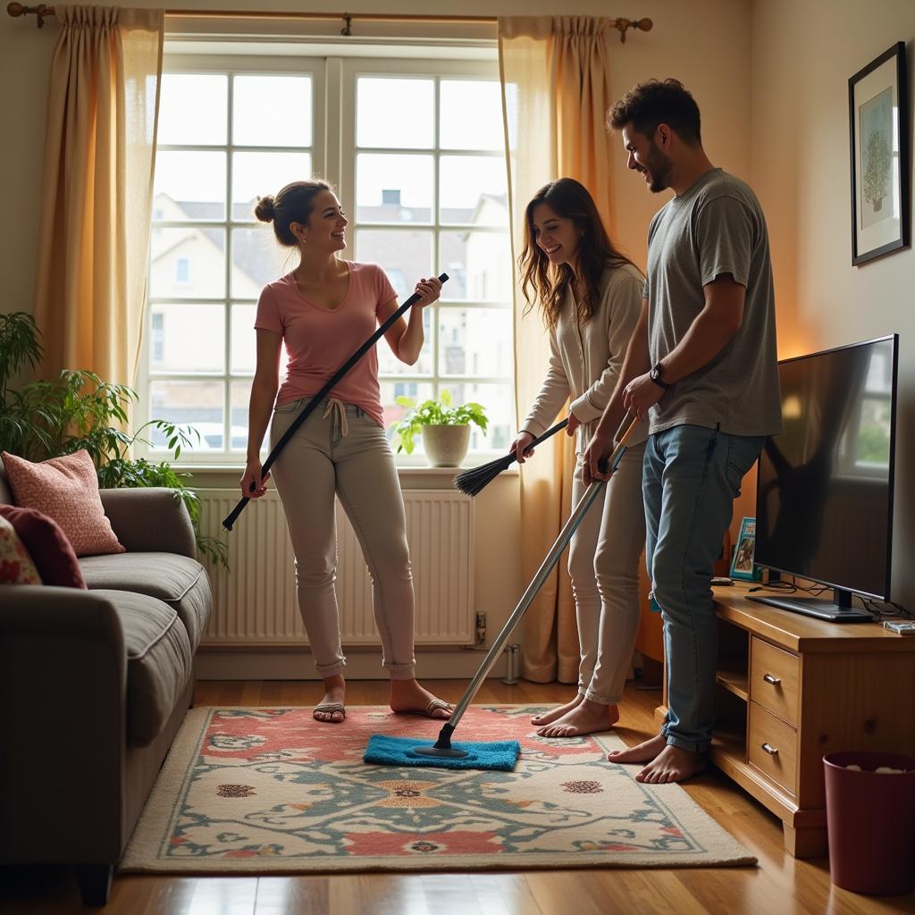 Family Cleaning the Living Room Together