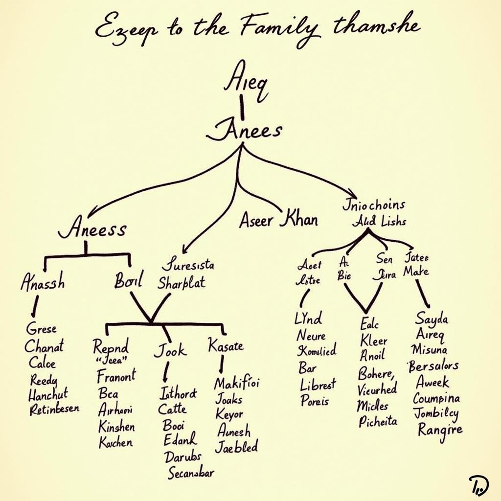 A diagram illustrating a multi-generational family tree with branches and names.