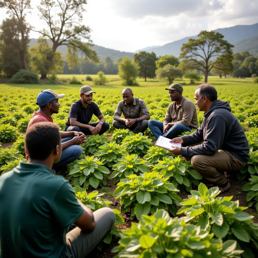 A group of farmers attending a training session on integrated pest management techniques in Southeast Asia.