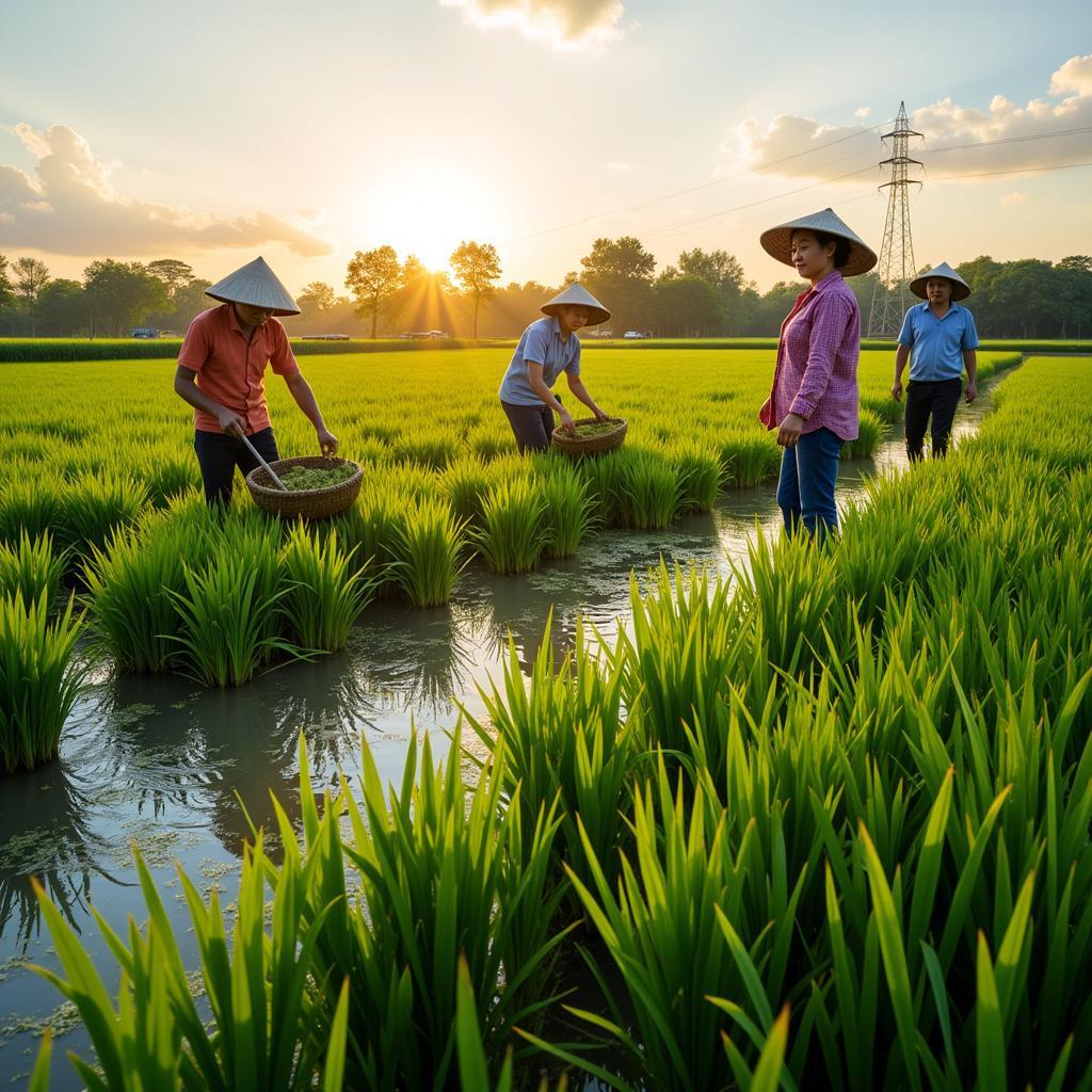 Farmers Harvesting Rice in Vietnam