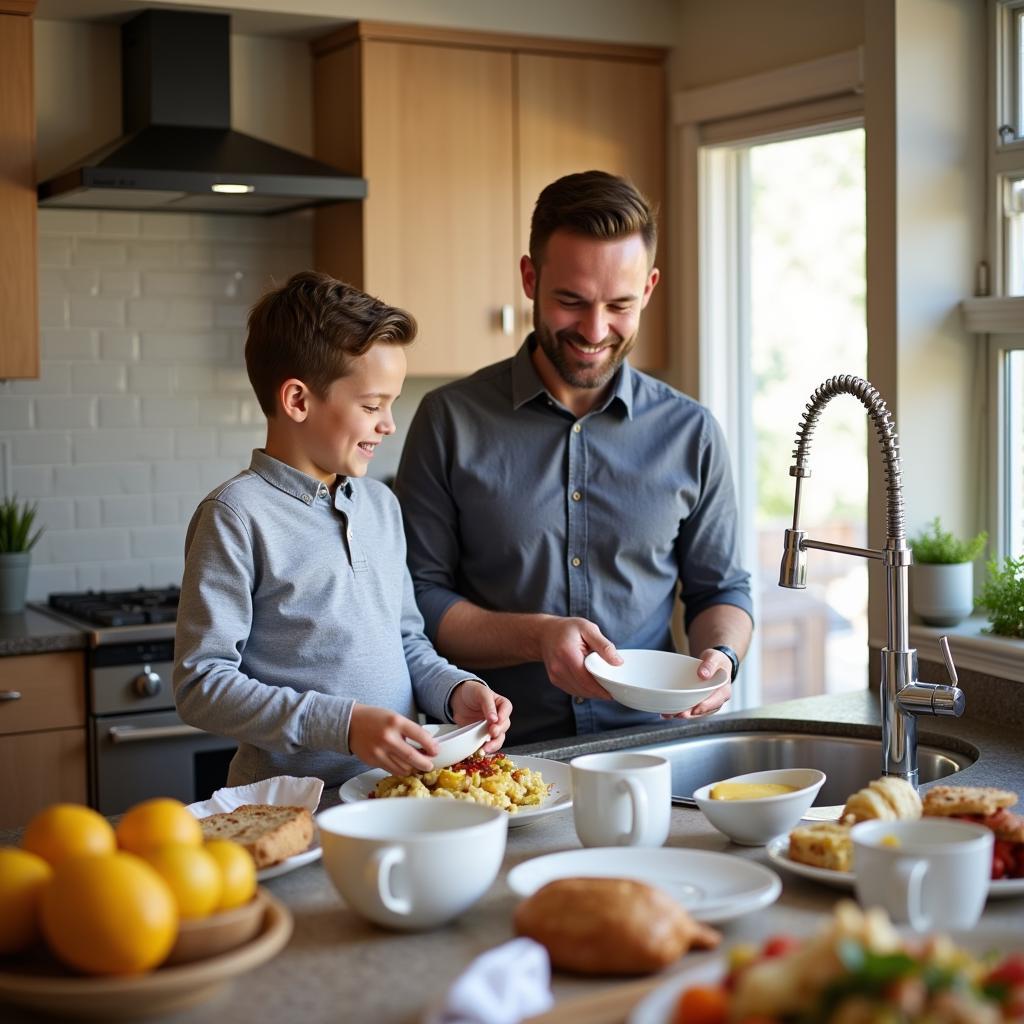 Father and Son Working Together to Wash Dishes