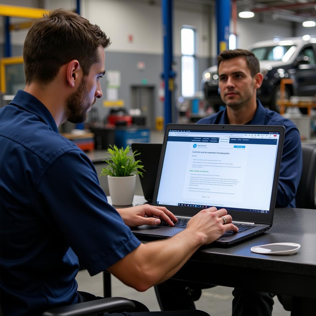 Mechanic Studying ASE Material on a Laptop