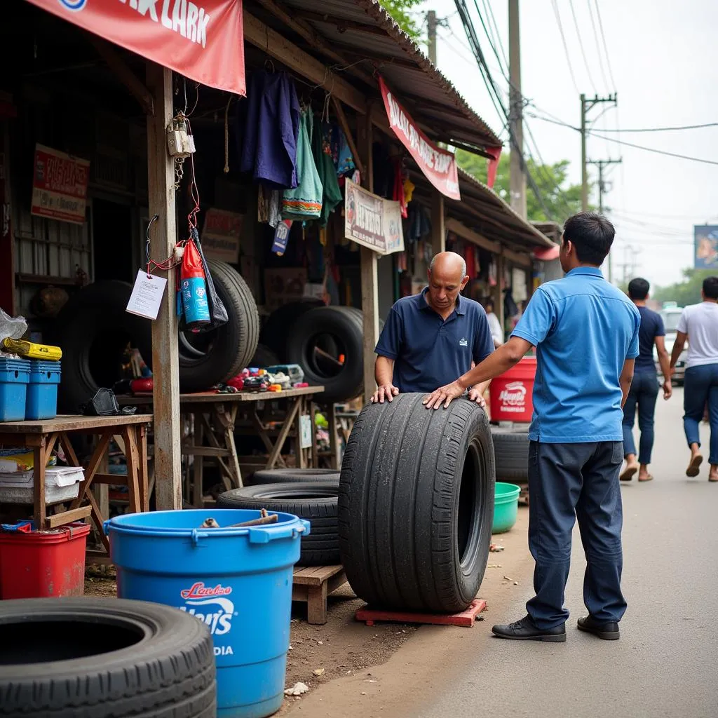 Roadside tire repair stall in Southeast Asia