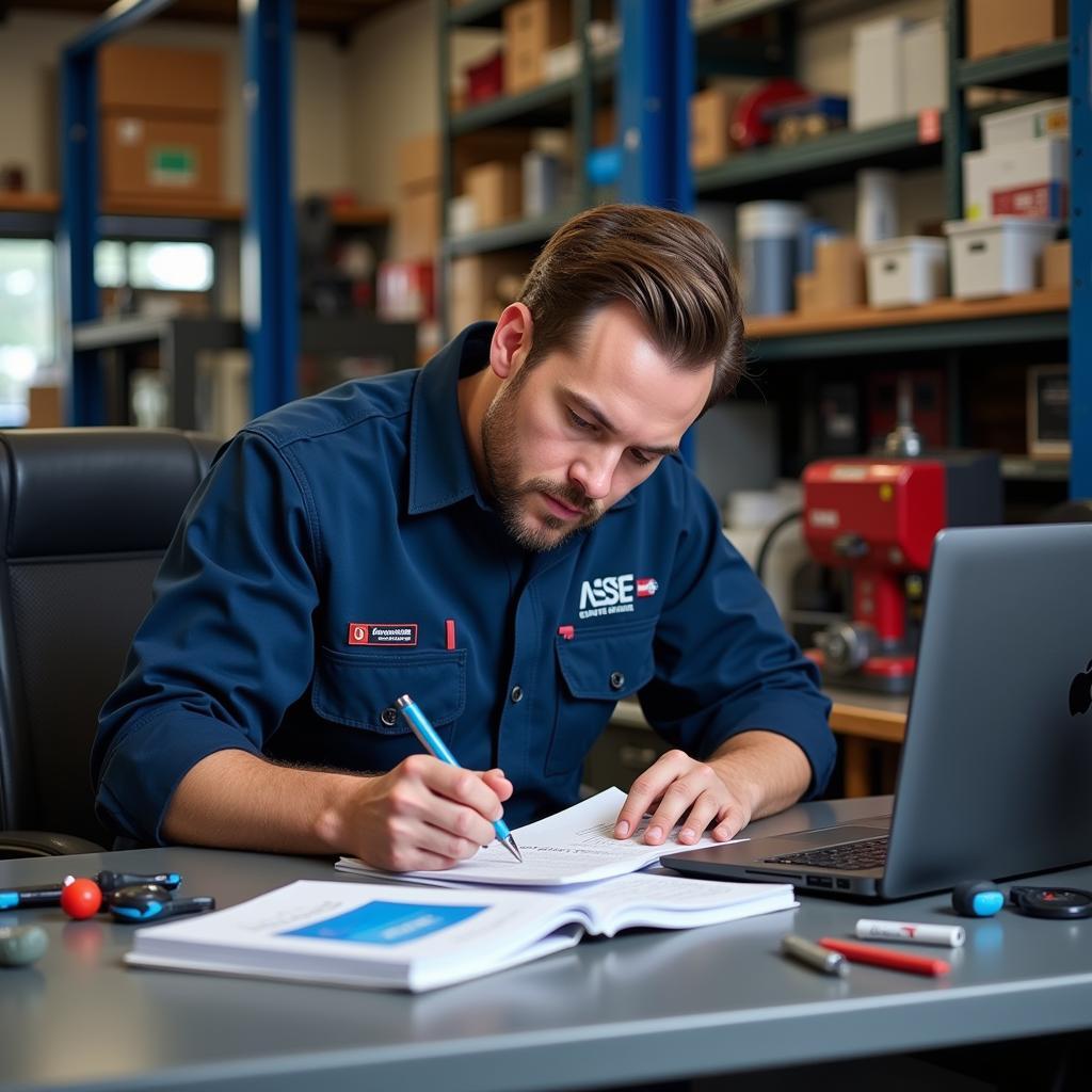 Mechanic studying ASE certification materials