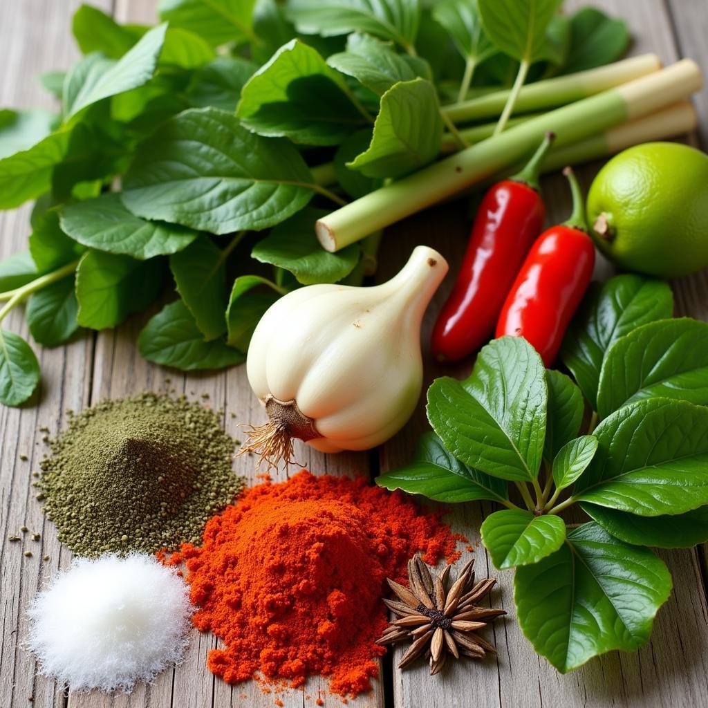 Fresh herbs and spices commonly used in Southeast Asian cuisine