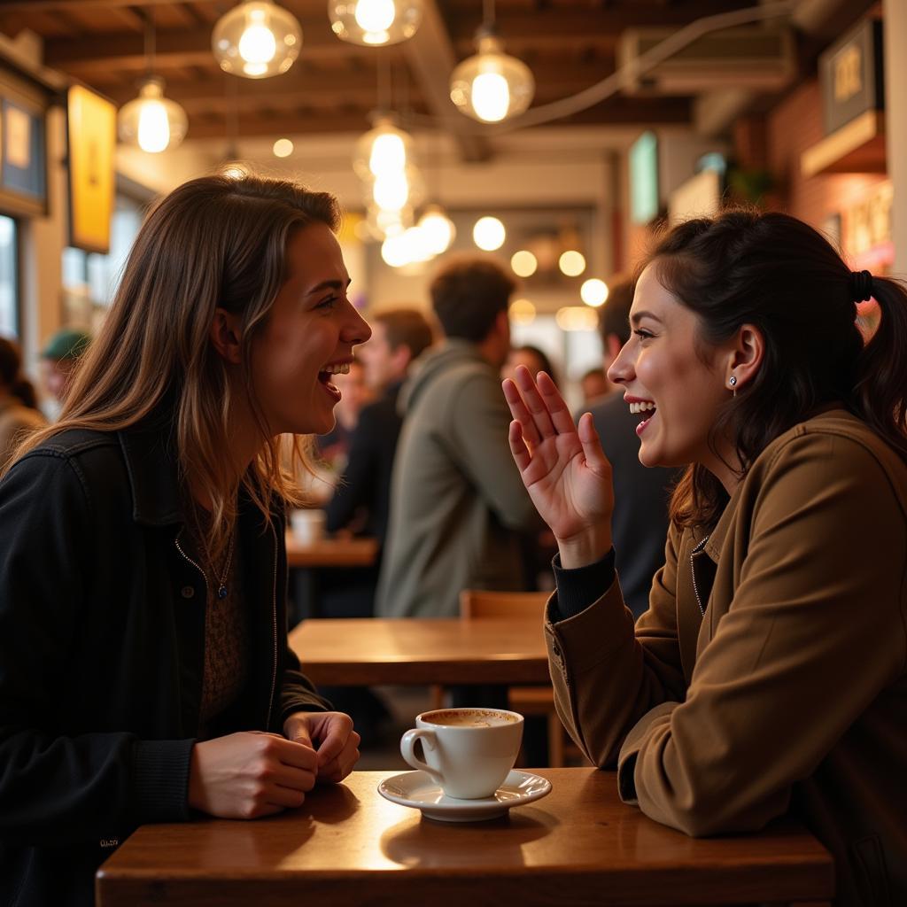 Two friends chatting at a cafe