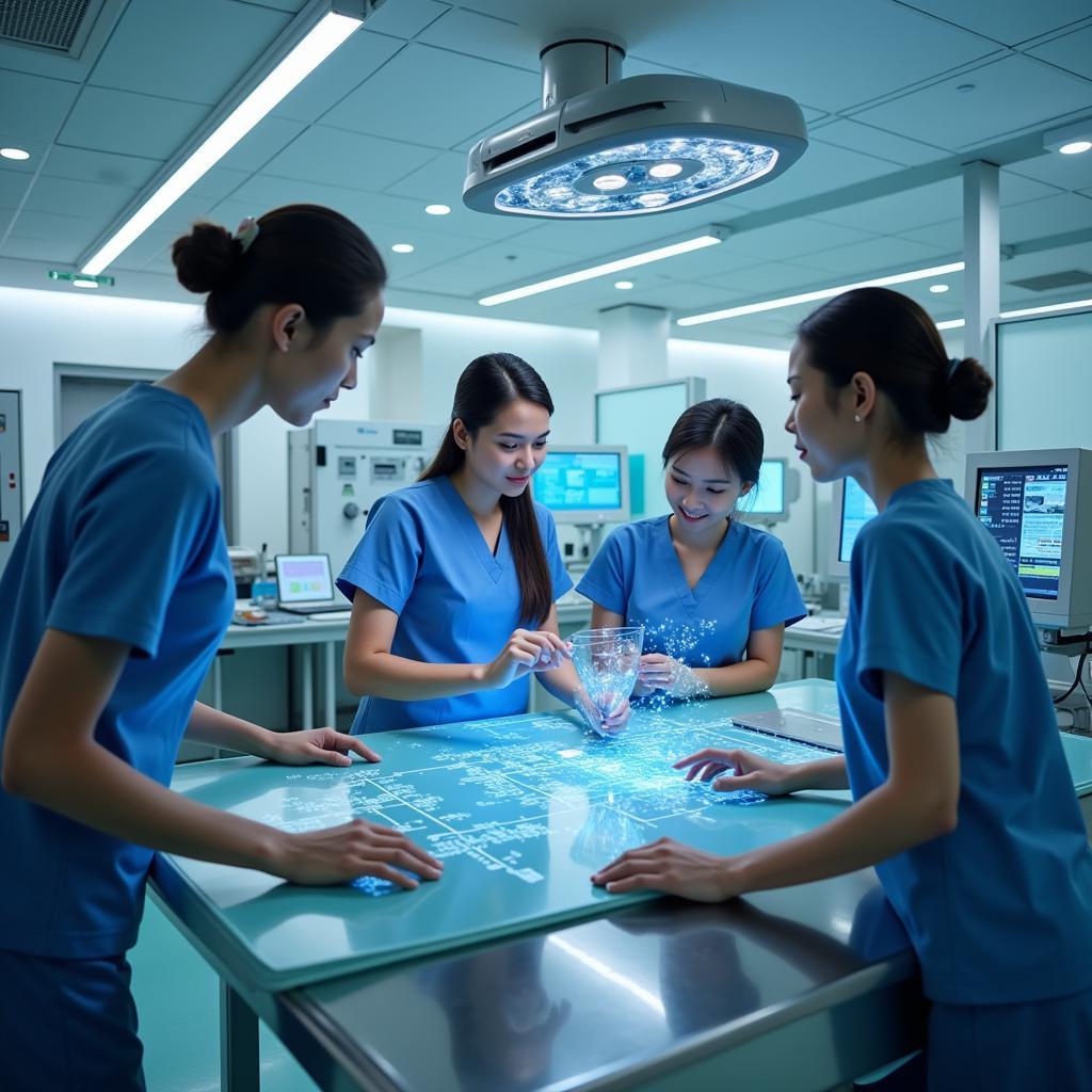 A diverse group of nurses collaborating in a modern hospital setting