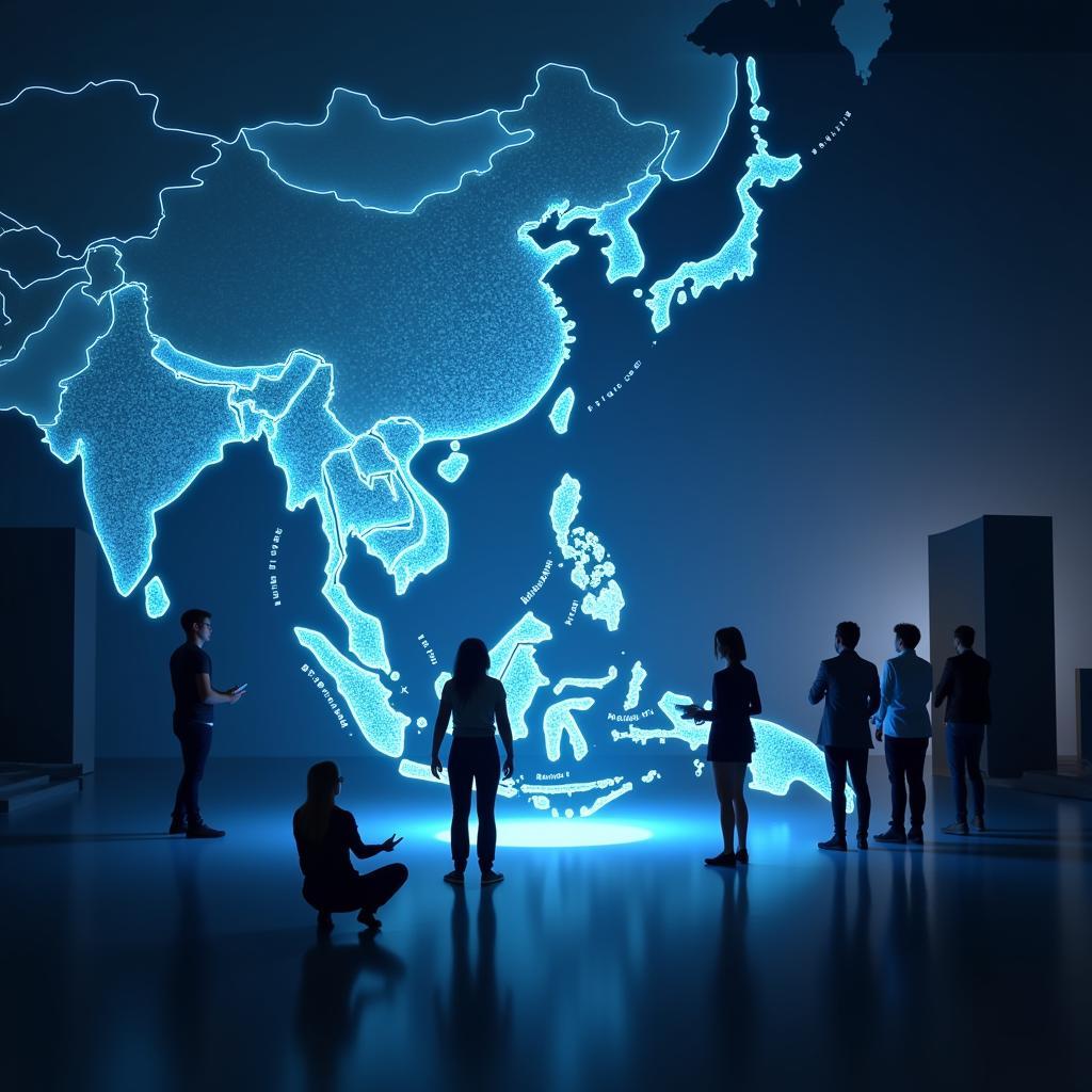 Futuristic image of people interacting seamlessly using advanced technology with an ASEAN map as the background